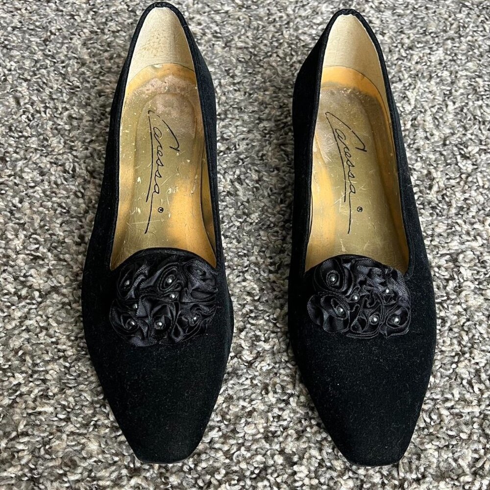 Vintage Velvet Kitten Heel Shoes Womens 8.5 Embellished Rose Coquette Whimsigoth - Picture 4 of 8